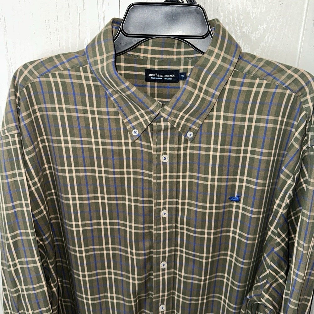 Southern Marsh Men Button Down Long Sleeve Wrinkle Free Shirt Plaid 2X Green